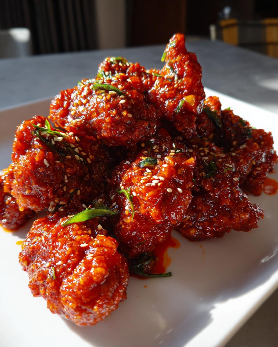 Close-up of crispy korean fried chicken pieces coated in a glossy, bright red spicy sauce and sprinkled with sesame seeds.