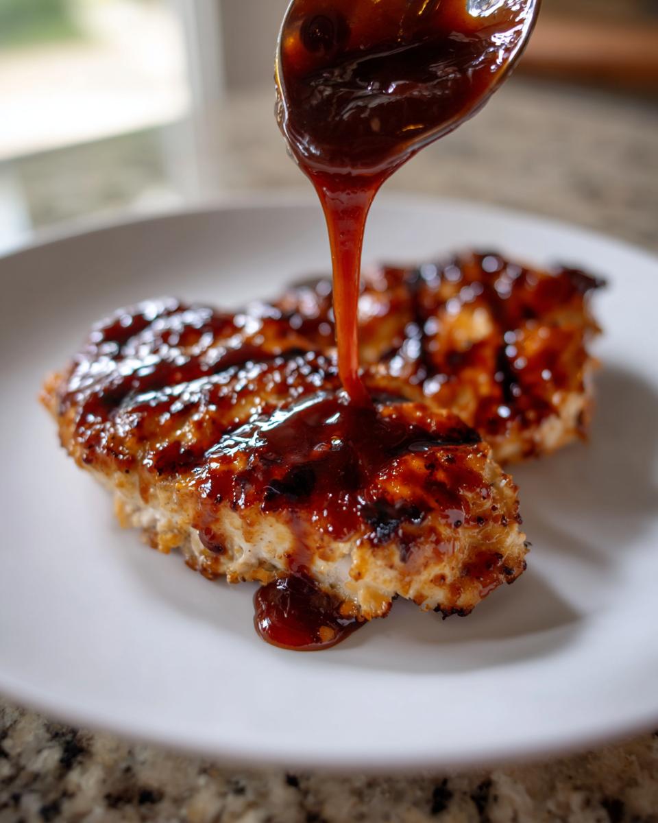 A spoonful of thick homemade teriyaki sauce being drizzled over grilled chicken breasts on a white plate.