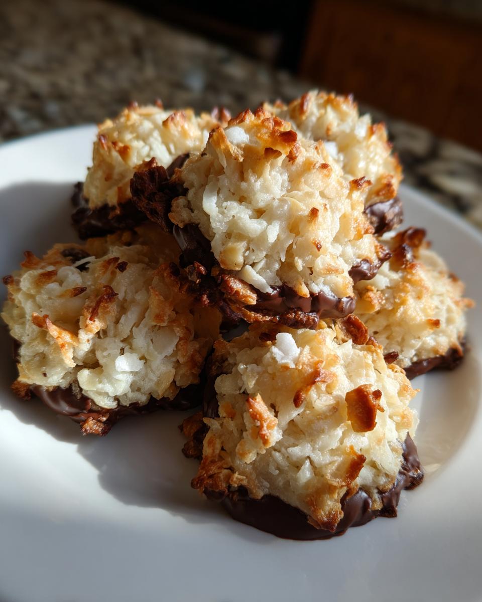 A stack of golden toasted almond joy cookies with shredded coconut, dipped in dark chocolate, resting on a white plate.