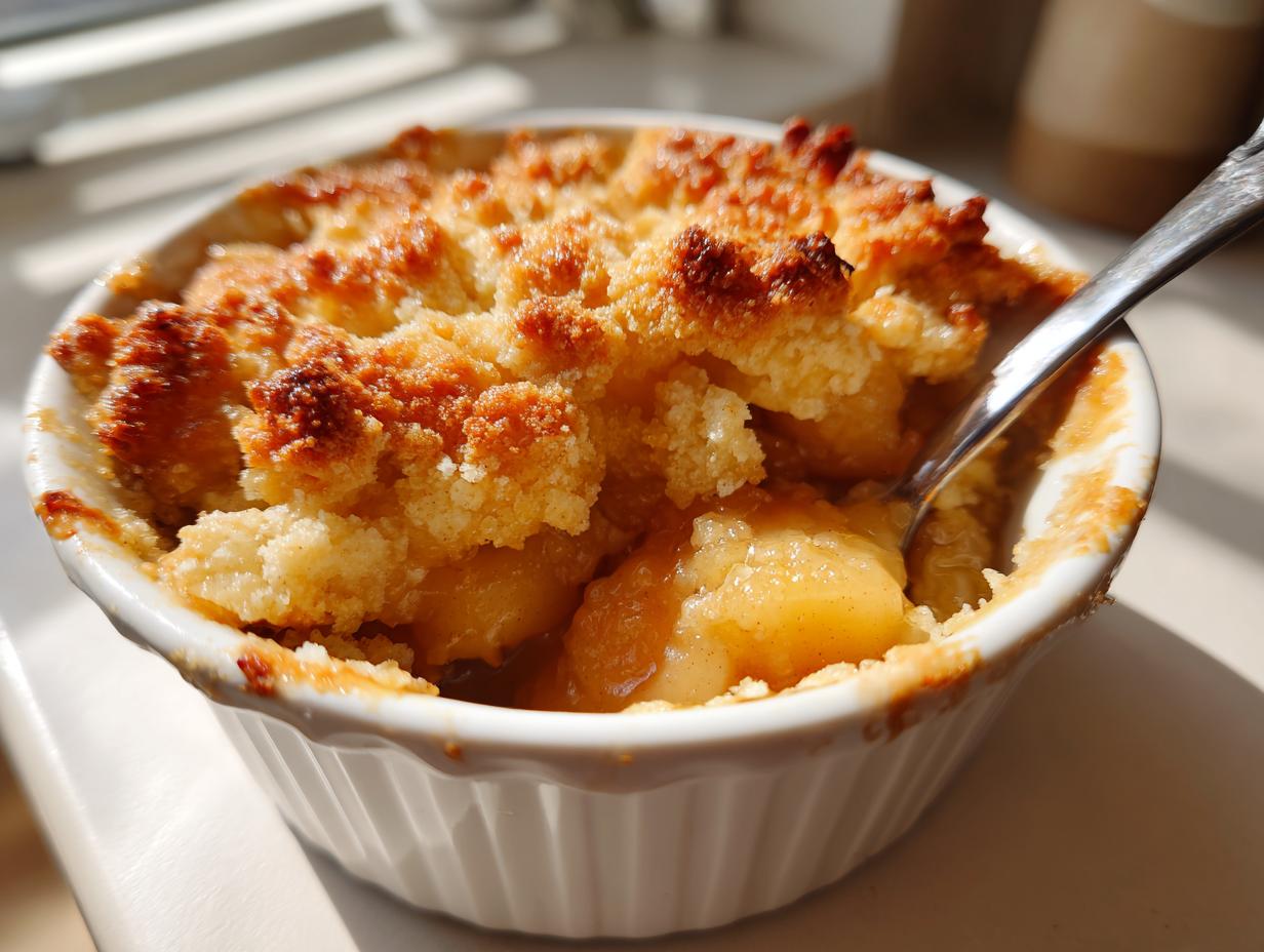 Close-up of a warm, golden brown apple cobbler in a white ramekin with a spoon digging in.