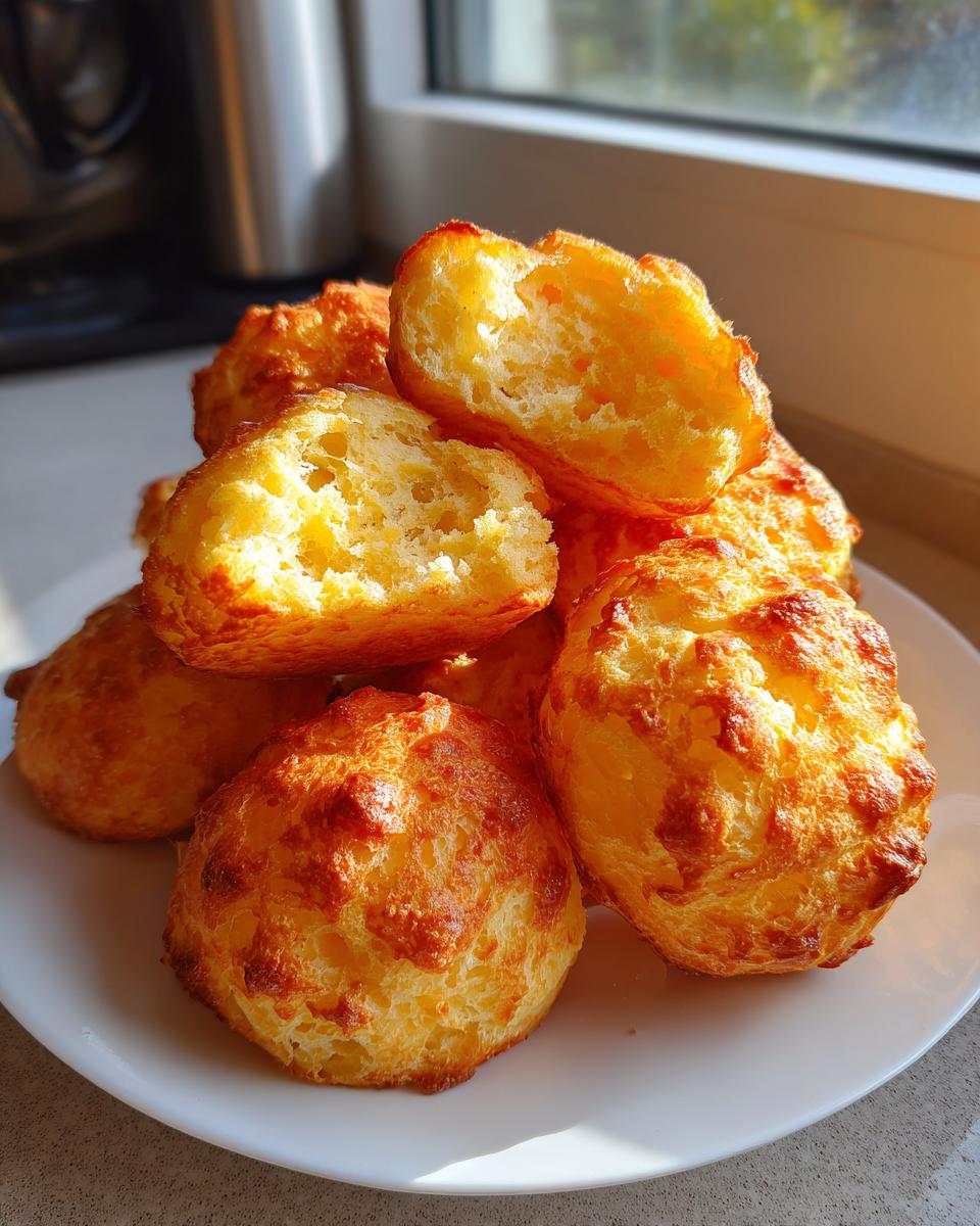 A pile of freshly baked, golden brazilian cheese bread puffs with a cheesy, airy interior visible on one broken piece.
