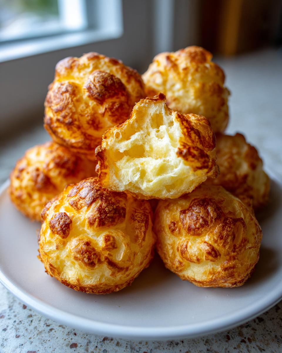 A stack of golden brown, puffy brazilian cheese bread, with one broken open showing the airy interior.