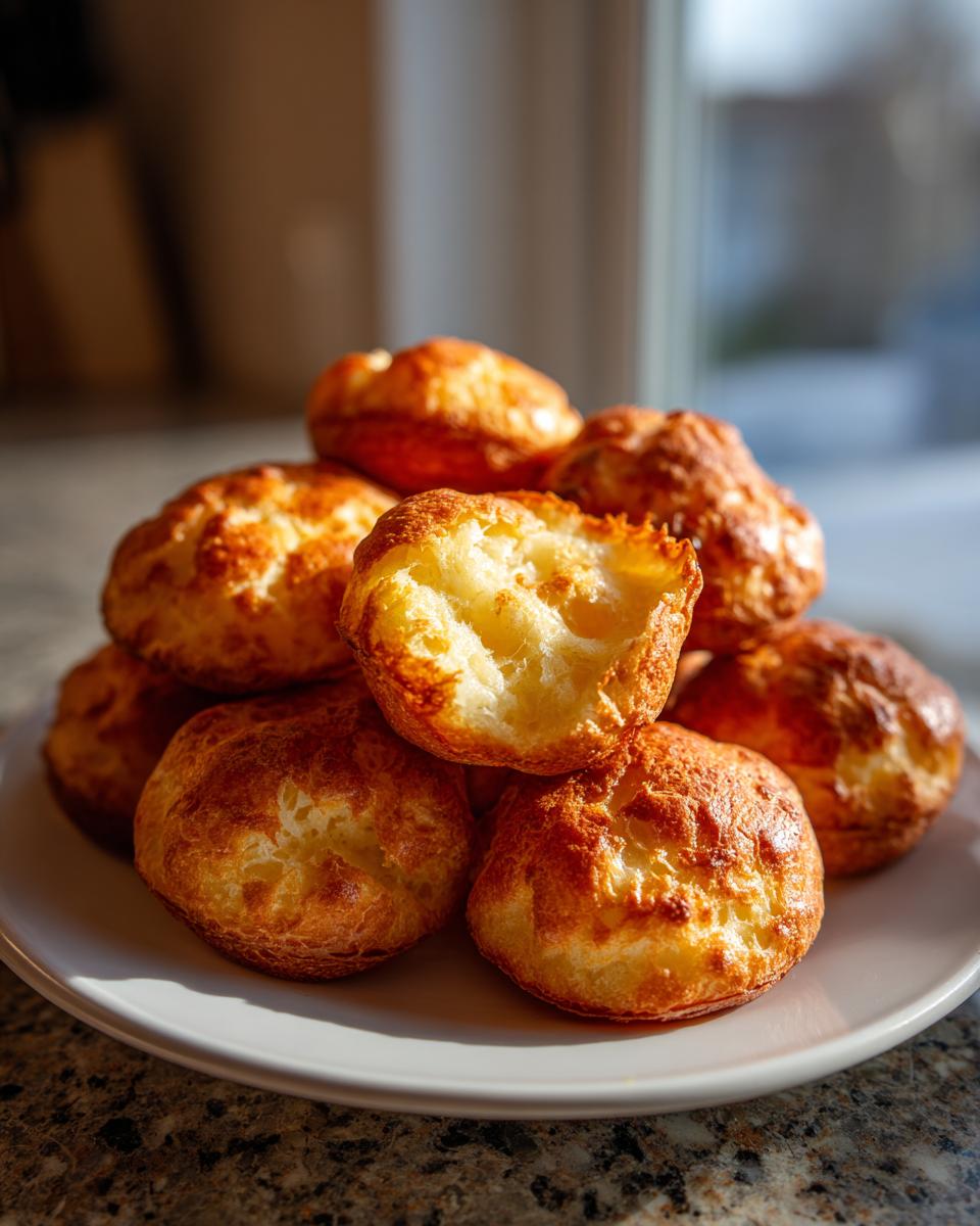 A stack of golden brown brazilian cheese bread puffs piled on a white plate, one is broken open showing the airy interior.