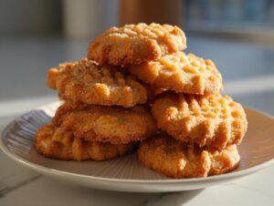 A stack of freshly baked, golden brown butter cookie treats sprinkled with sugar, resting on a light plate.