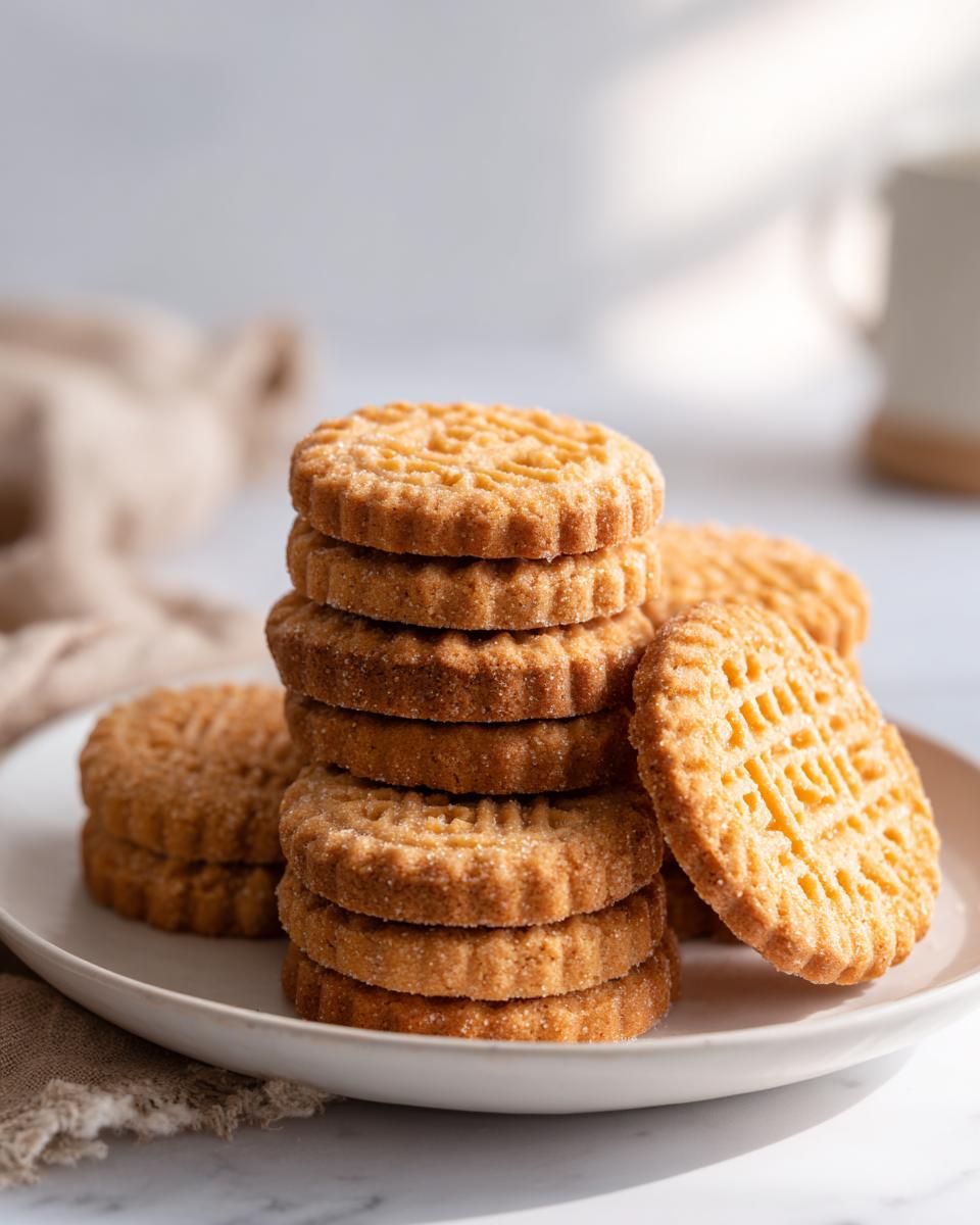 A tall stack of golden, round butter cookie treats dusted with sugar on a white plate.
