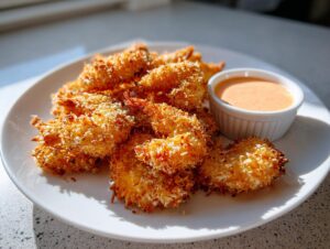 A plate of perfectly cooked, crispy coconut shrimp served with a small ramekin of creamy orange dipping sauce.