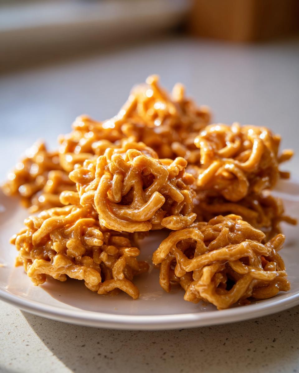 A close-up of several shiny, peanut butter-colored haystack cookies piled on a white plate.