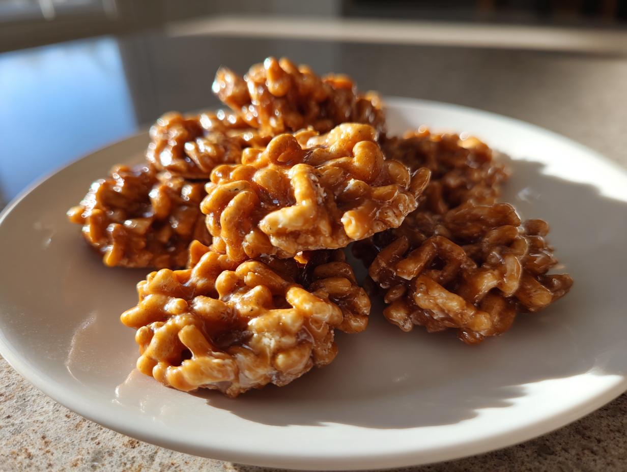 A small pile of glossy, golden brown haystack cookies made with cereal and caramel coating, sitting on a white plate.