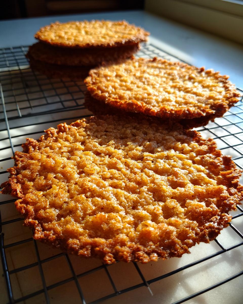 Close-up of golden brown, crispy oatmeal lace cookies cooling on a black wire rack in natural light.