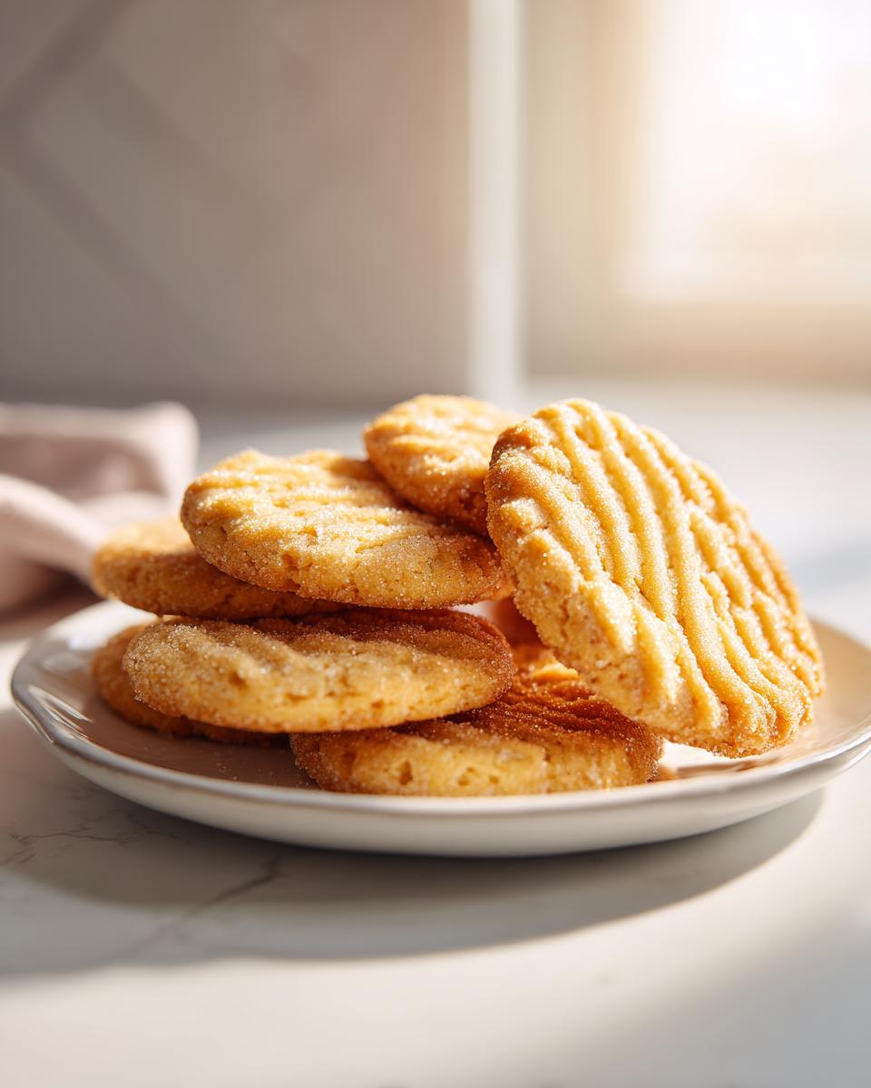A stack of golden, sugared butter cookie treats piled on a small white plate, featuring fork marks on the top cookie.