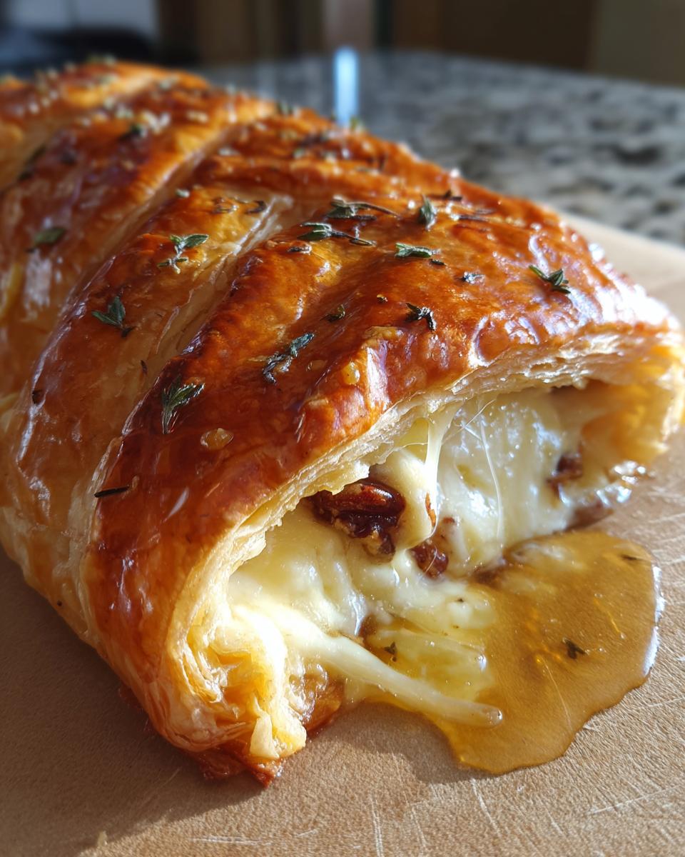 Close-up of a golden baked brie wrapped in flaky pastry, oozing melted cheese and honey onto a wooden board.