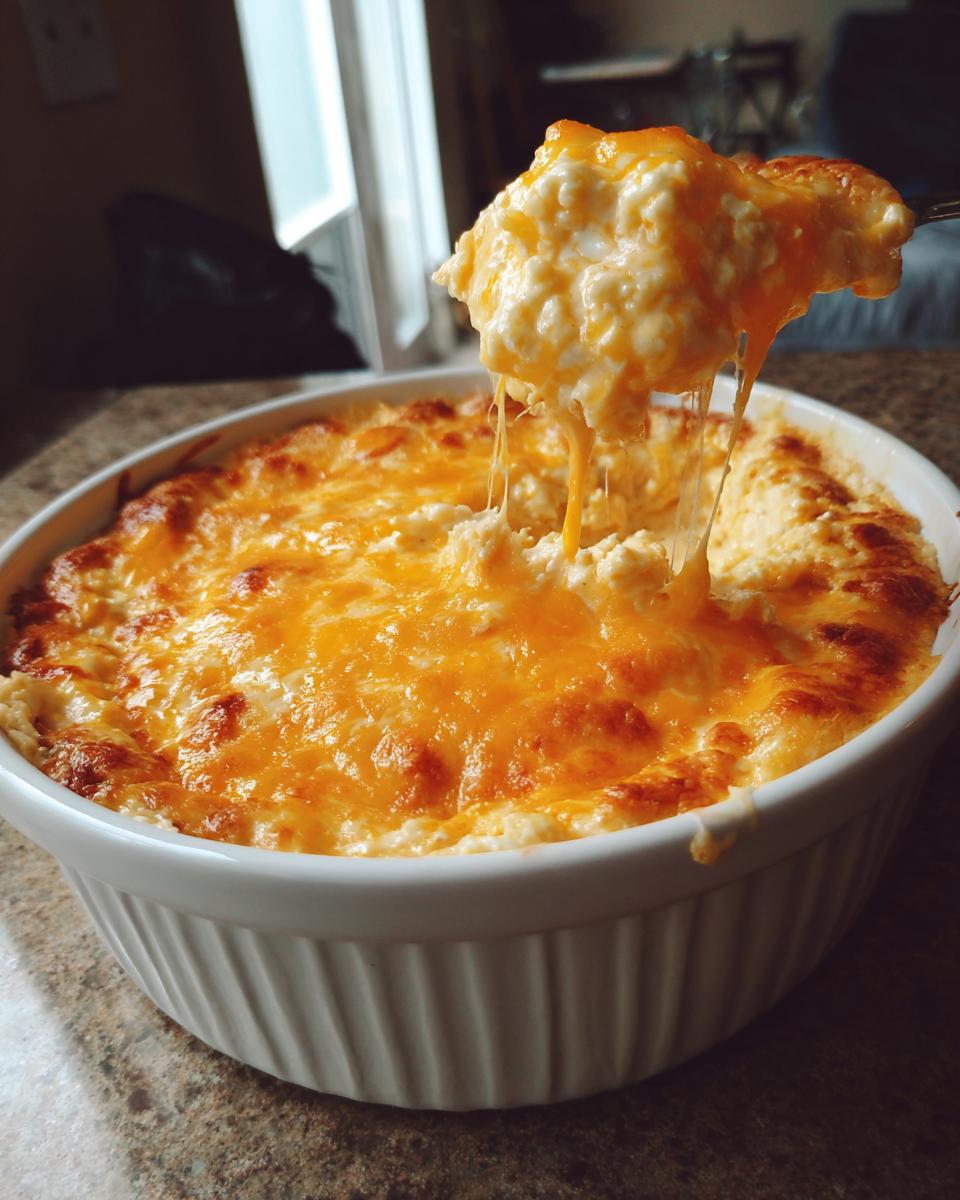 A spoonful of hot, gooey beer cheese dip showing extreme cheese pull over a white baking dish.