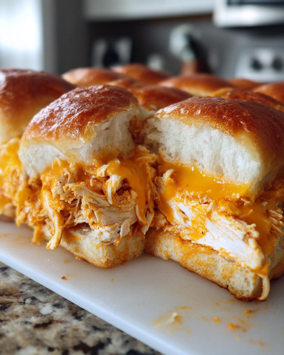 Close-up of gooey, cheesy buffalo chicken sliders made with shredded chicken and melted cheddar on soft, golden rolls.
