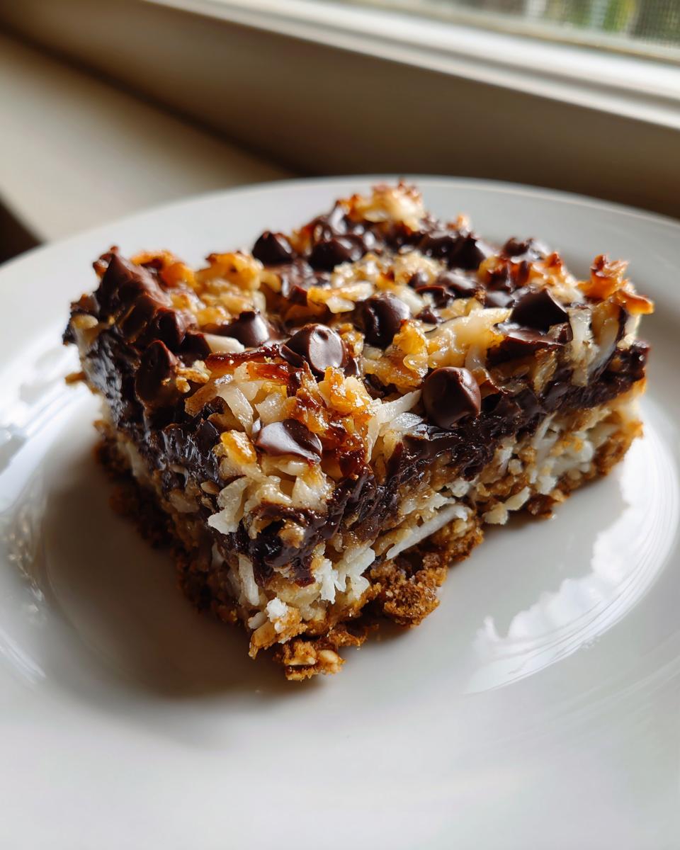 A close-up of a single, gooey slice of magic cookie bars topped with toasted coconut and chocolate chips.