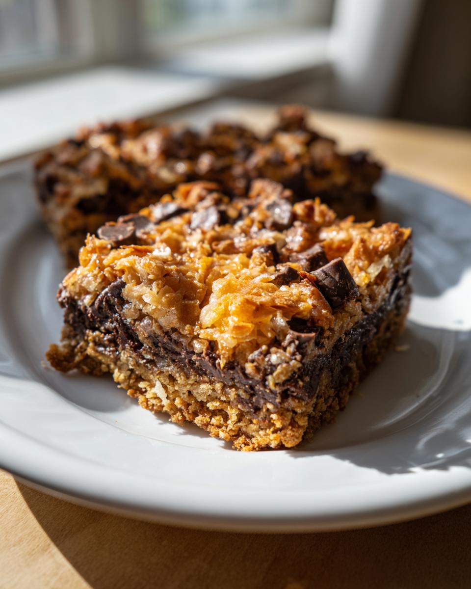 Close-up of a rich, gooey slice of magic cookie bars featuring chocolate chips and toasted coconut topping.