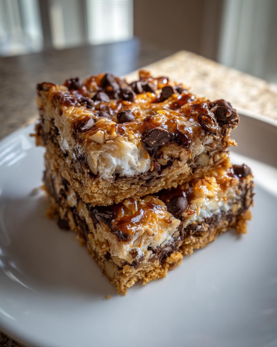 Two stacked, gooey magic cookie bars showing layers of chocolate chips, nuts, and marshmallow on a graham cracker crust.