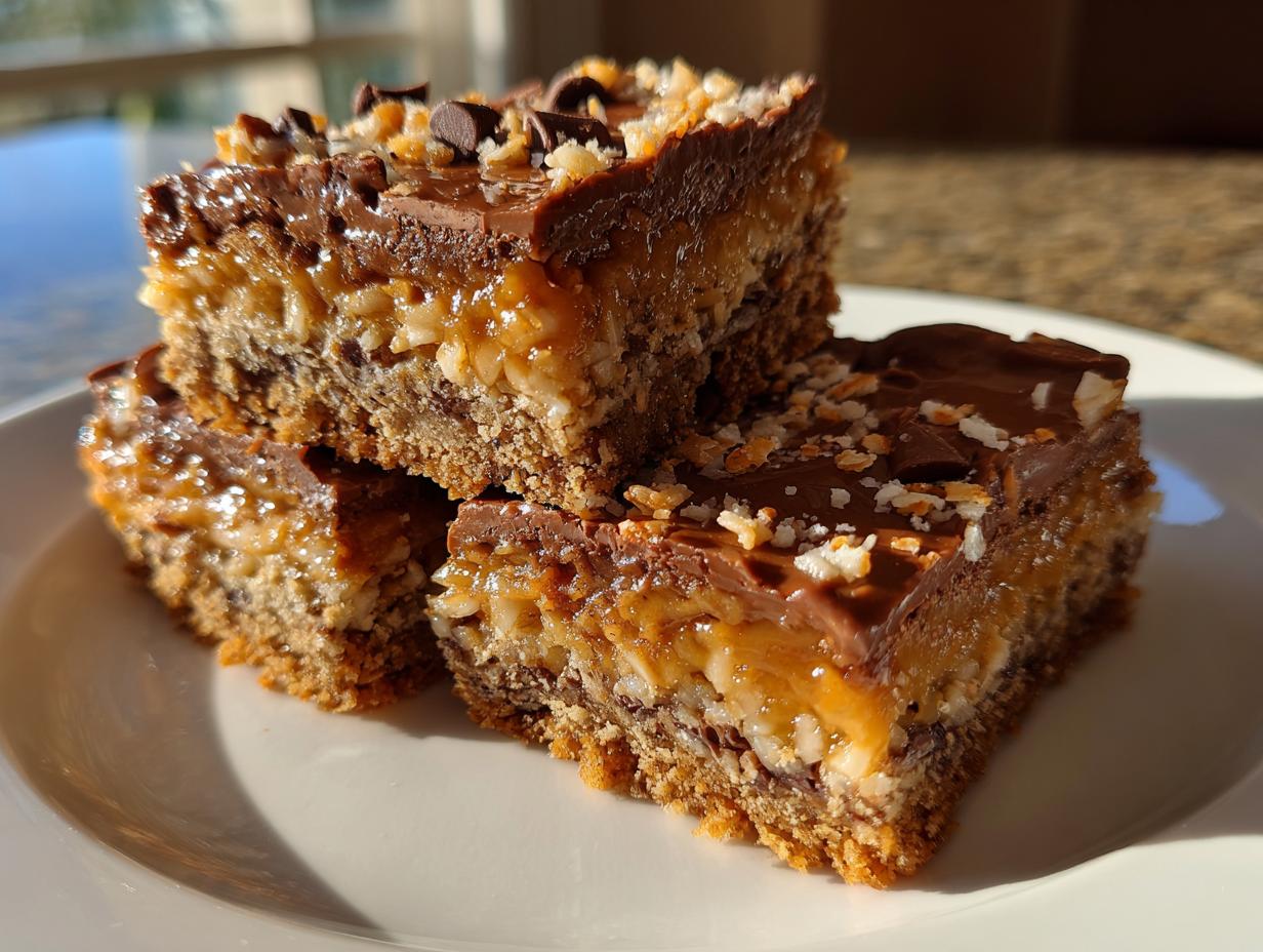 A stack of three rich, layered magic cookie bars topped with chocolate and coconut flakes.
