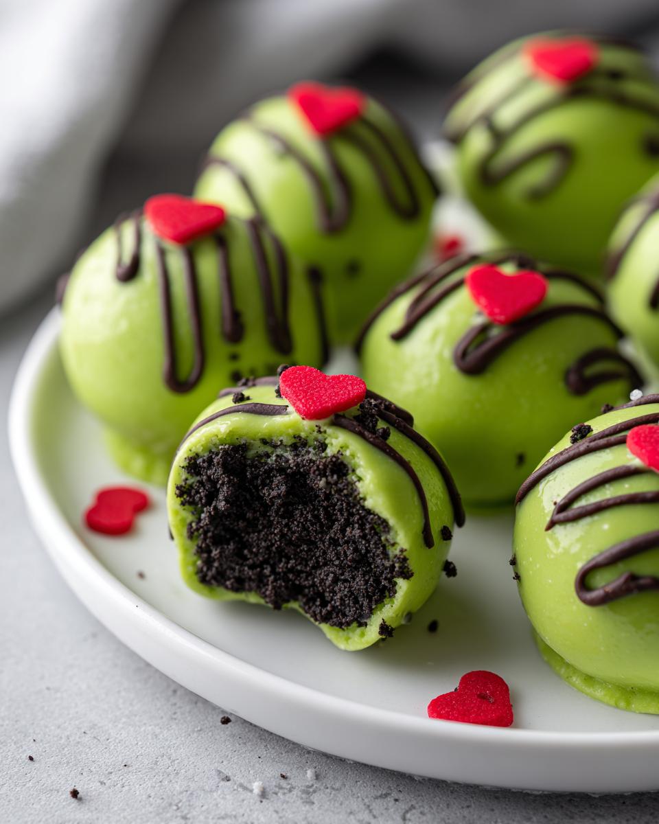 Close-up of bright green Grinch Oreo balls, one with a bite taken out revealing the dark chocolate center.