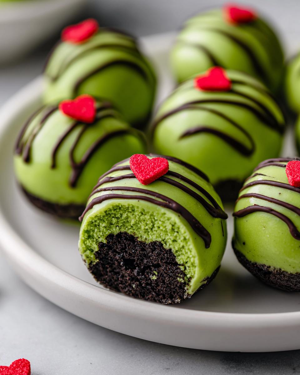 Close-up of several bright green Grinch Oreo balls decorated with chocolate drizzle and red hearts; one has a bite showing the dark cookie center.