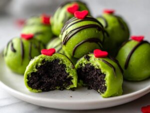 A plate of bright green grinch oreo balls, one cut in half showing the dark chocolate center, topped with red hearts.