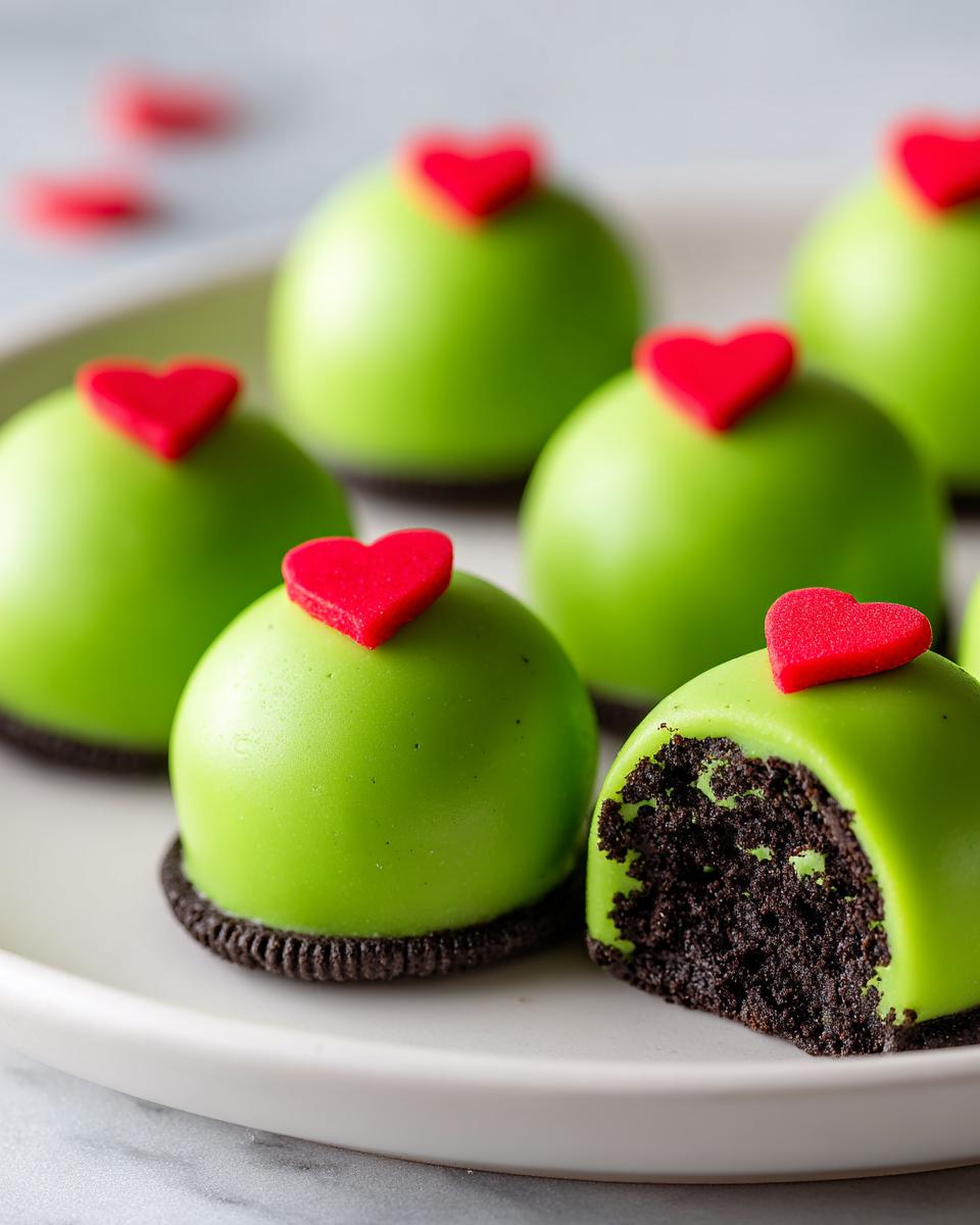 Several bright green grinch oreo balls topped with red hearts, one is bitten showing the dark chocolate interior.