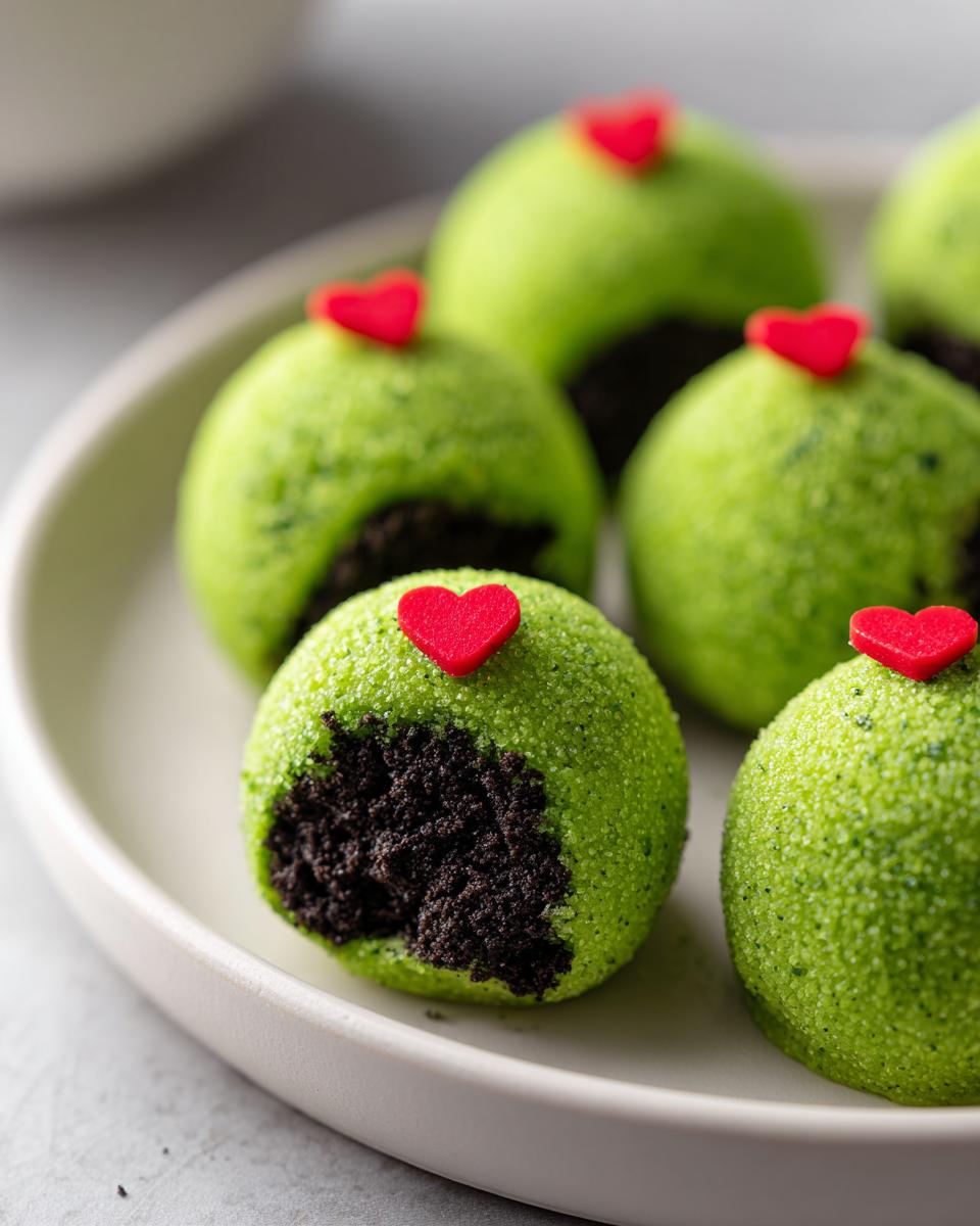 Several bright green, textured grinch oreo balls, each topped with a small red heart, displayed on a white plate.