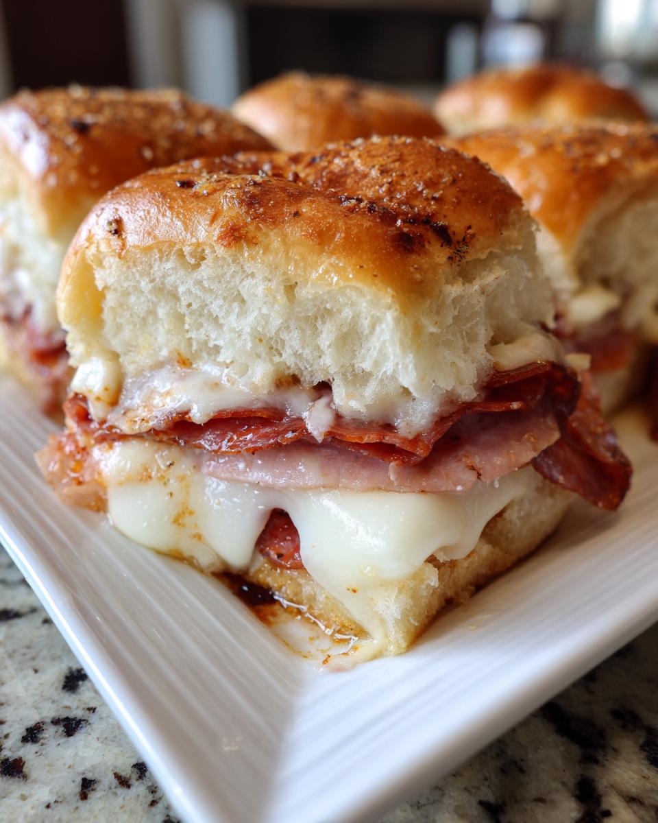 Close-up of a delicious grinder slider featuring melted white cheese, pepperoni, and ham on a toasted roll.