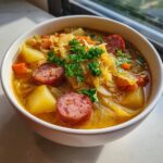 A close-up of a steaming bowl of sauerkraut soup featuring sausage slices, potatoes, carrots, and fresh parsley.