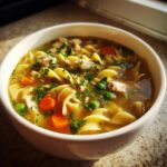 A close-up, appetizing shot of a white bowl filled with steaming turkey soup, featuring egg noodles, carrots, peas, and fresh parsley.