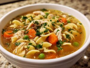 A close-up shot of a white bowl filled with steaming turkey soup, featuring shredded turkey, egg noodles, carrots, peas, and parsley.