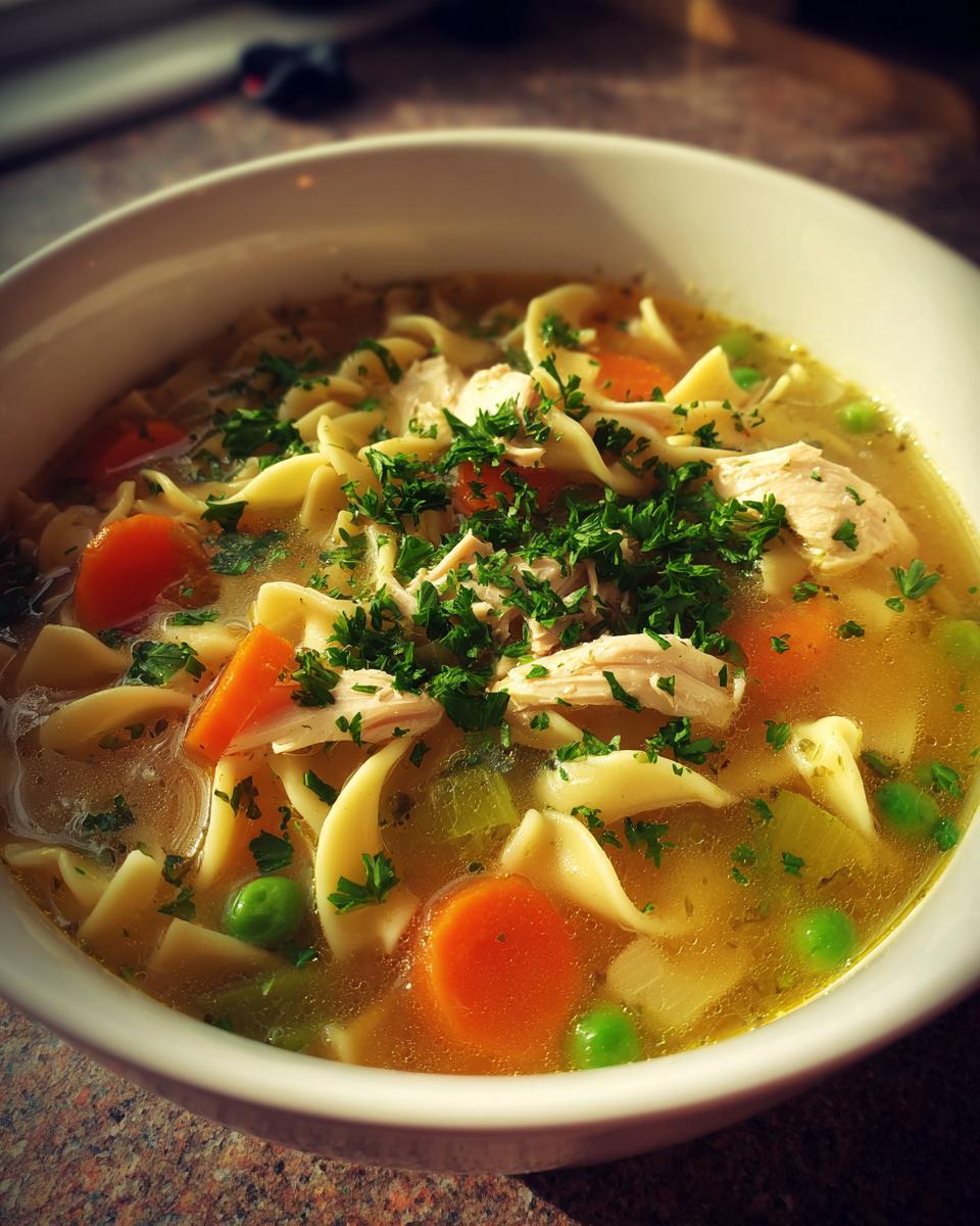 Close-up of a steaming bowl of turkey soup featuring shredded turkey, egg noodles, carrots, peas, and fresh parsley garnish.