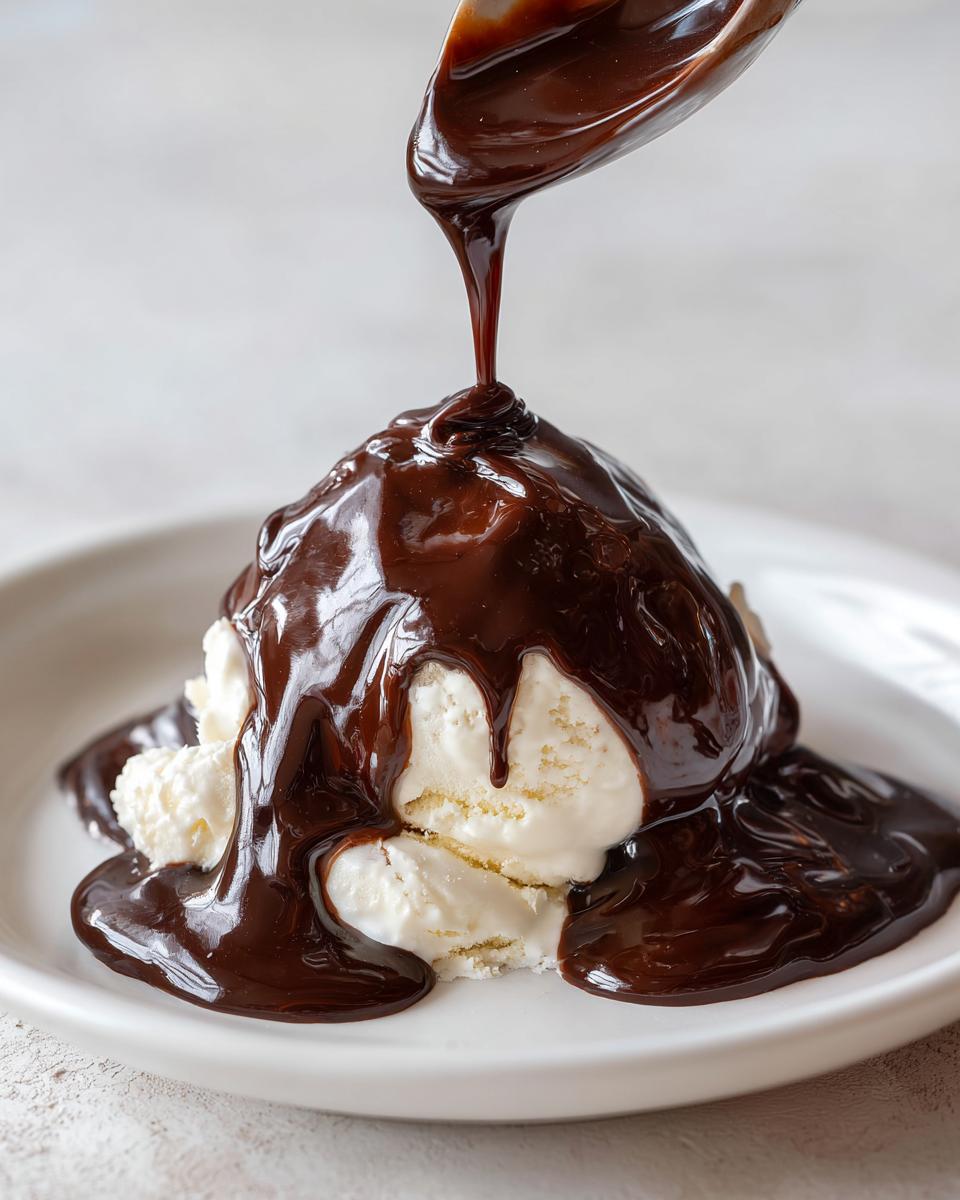 A spoonful of thick, glossy chocolate syrup being poured over scoops of vanilla ice cream.