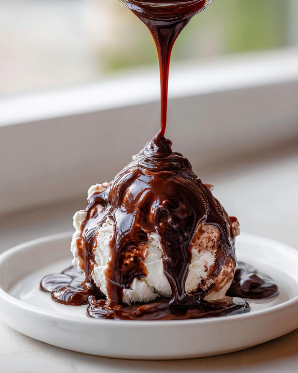 A scoop of vanilla ice cream being generously covered with rich, homemade chocolate syrup being poured from a spoon.