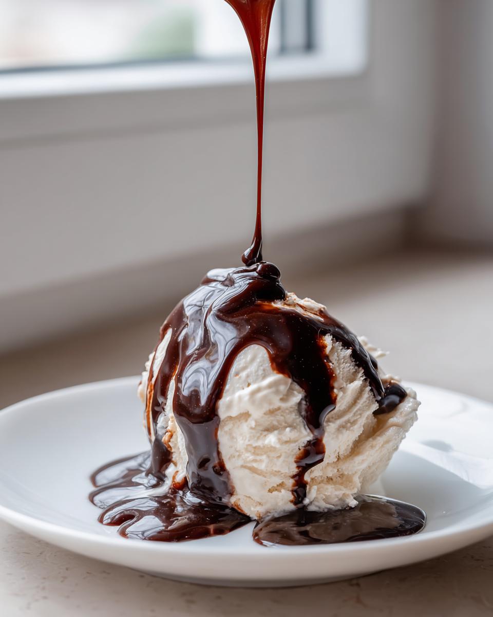 A stream of rich chocolate syrup being poured onto a scoop of vanilla ice cream sitting on a white plate.