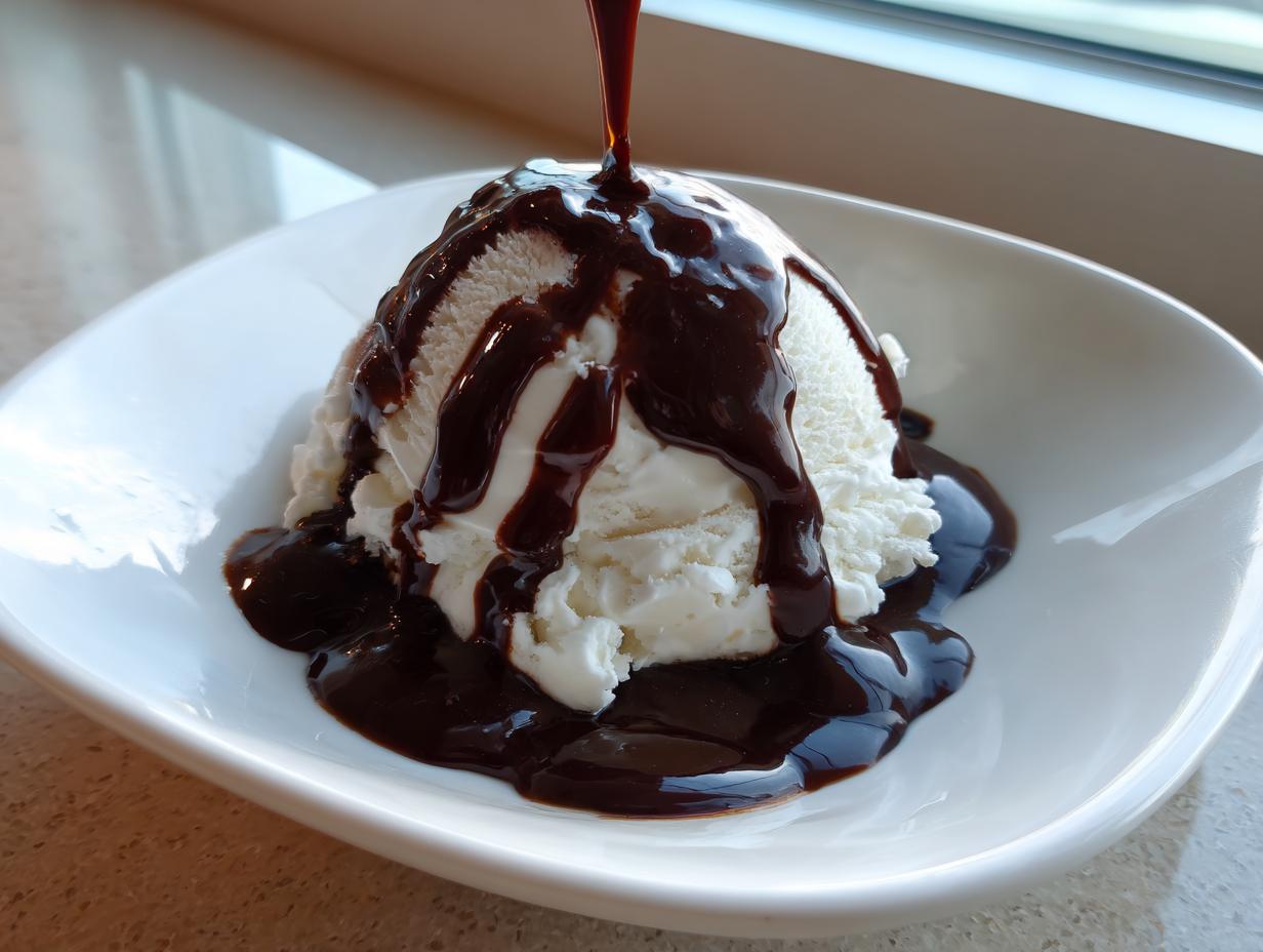 A scoop of vanilla ice cream being generously drizzled with rich, dark homemade chocolate syrup in a white bowl.