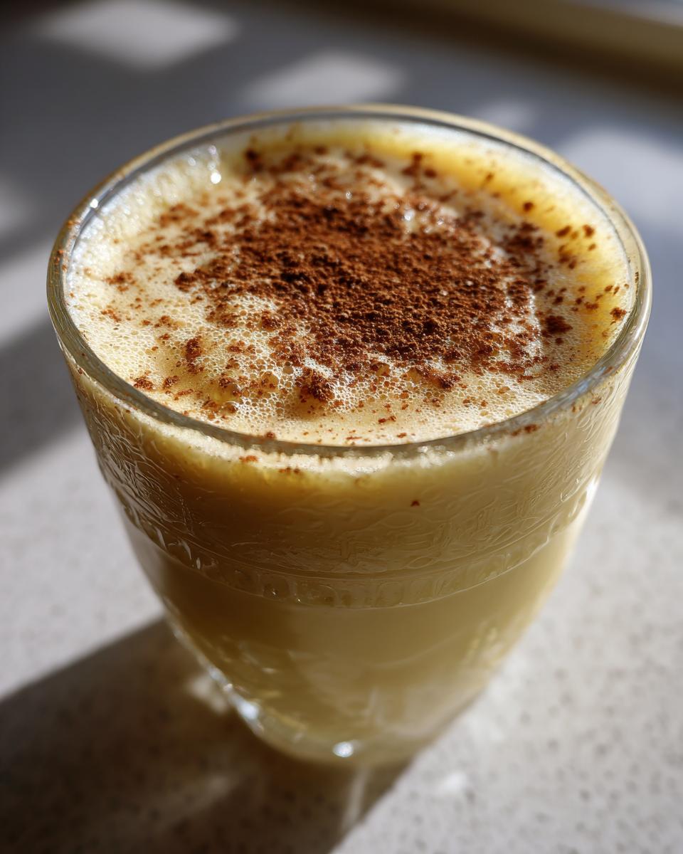 Close-up of a glass filled with creamy homemade eggnog, topped with frothy foam and a dusting of cinnamon.