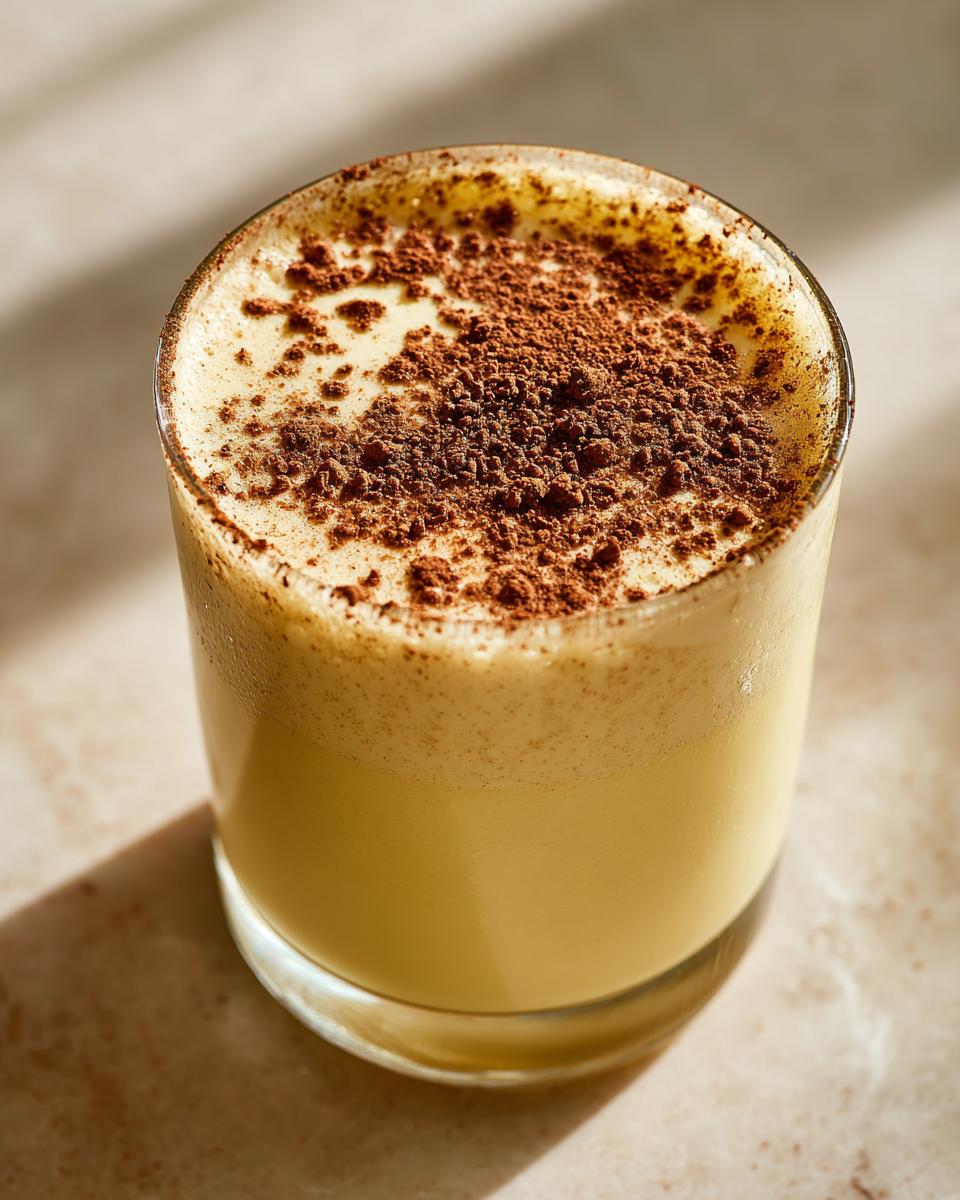 Close-up of a glass of creamy, yellow homemade eggnog topped generously with dark cocoa powder.