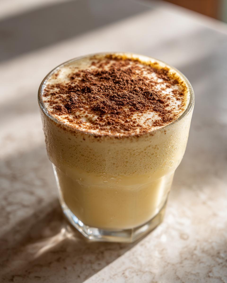 A glass of creamy, frothy homemade eggnog dusted generously with ground nutmeg or cinnamon.