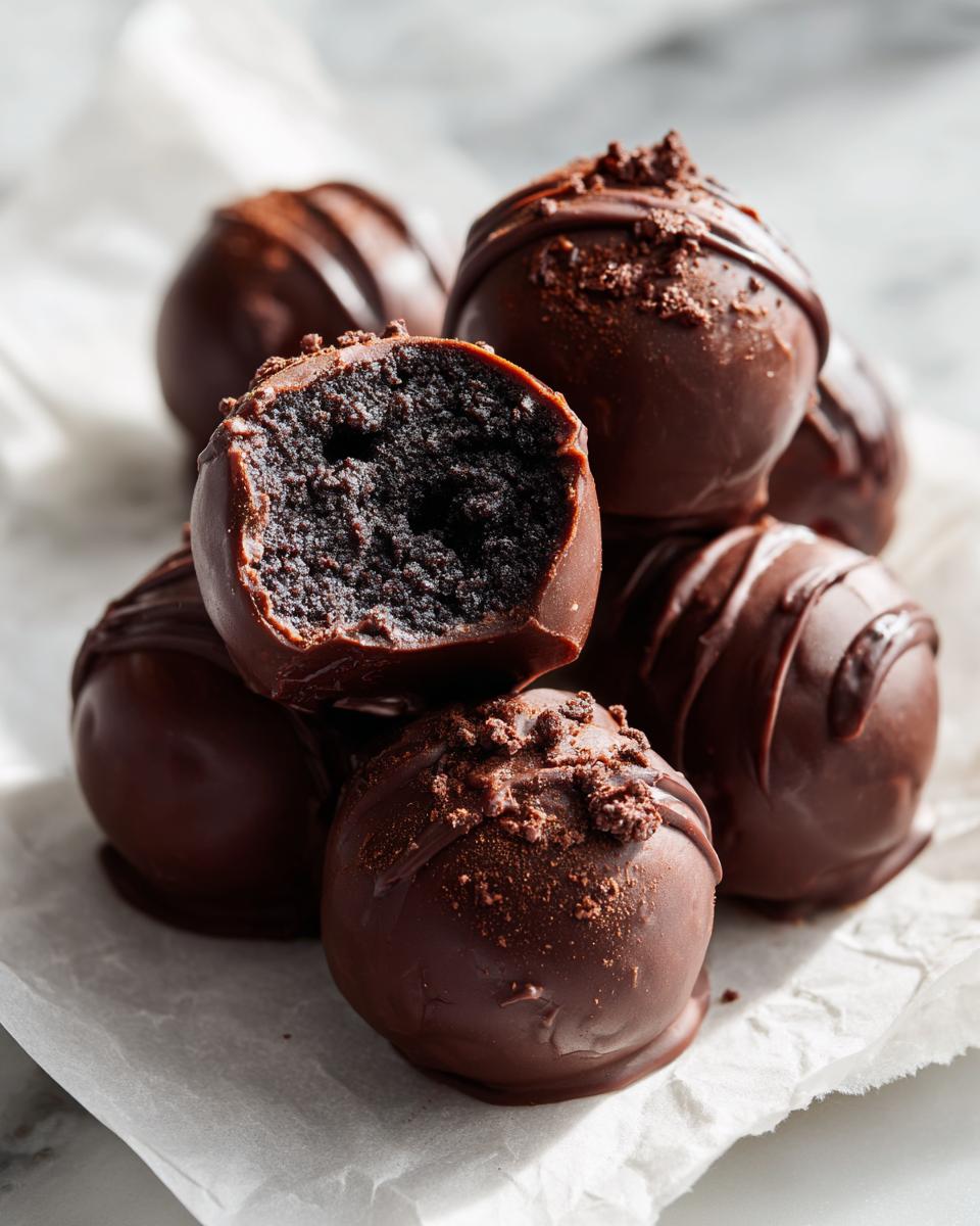 A stack of rich, chocolate-coated Oreo balls, one of which has a bite taken out showing the dark, dense filling.