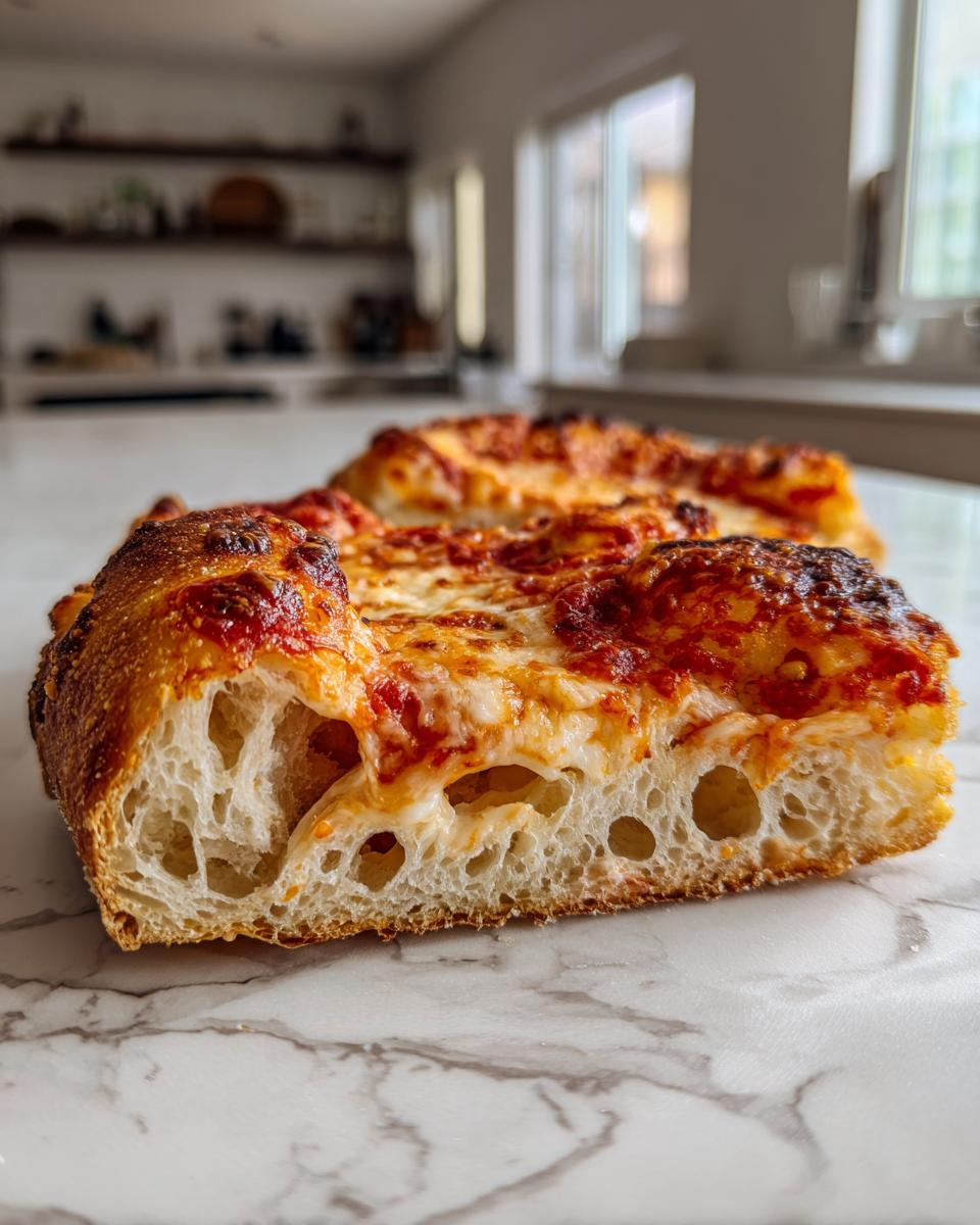 Close-up of a slice of homemade pizza showing the airy, open crumb structure of the crust.