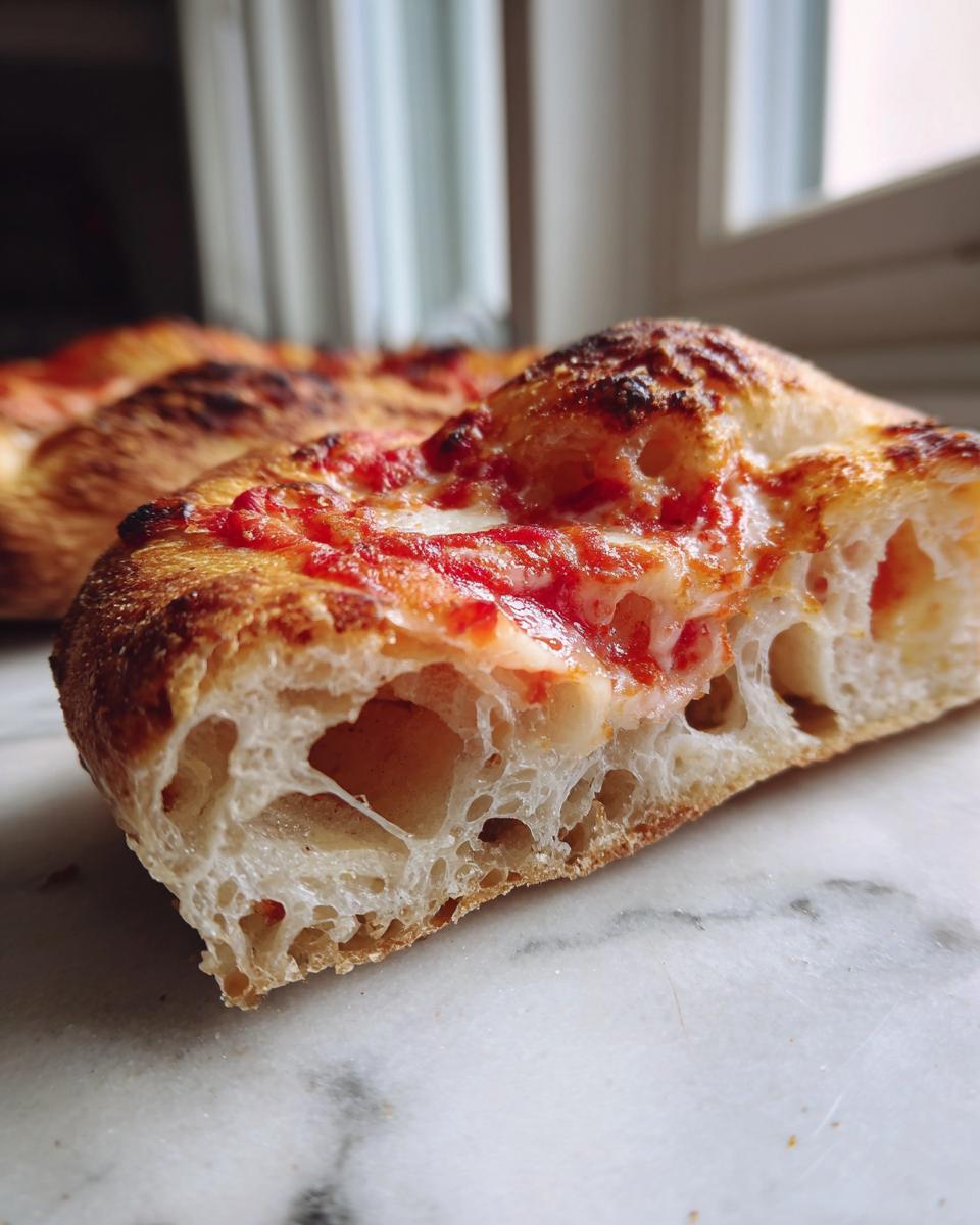 Close-up of a slice of homemade pizza showing the airy, open crumb structure of the crust.