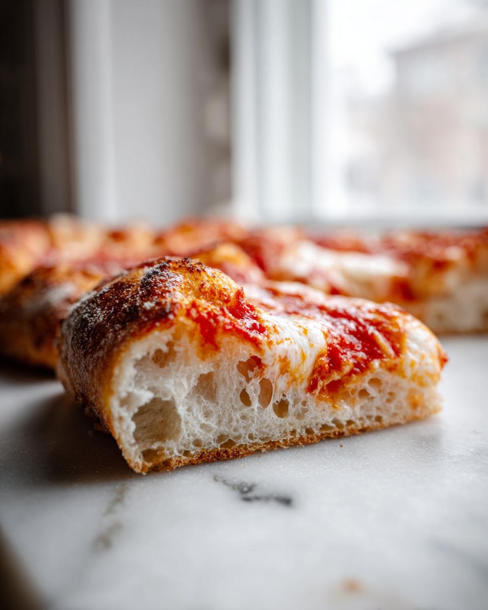 Cross-section of a slice of homemade pizza showing airy, bubbly crust texture topped with sauce and melted cheese.
