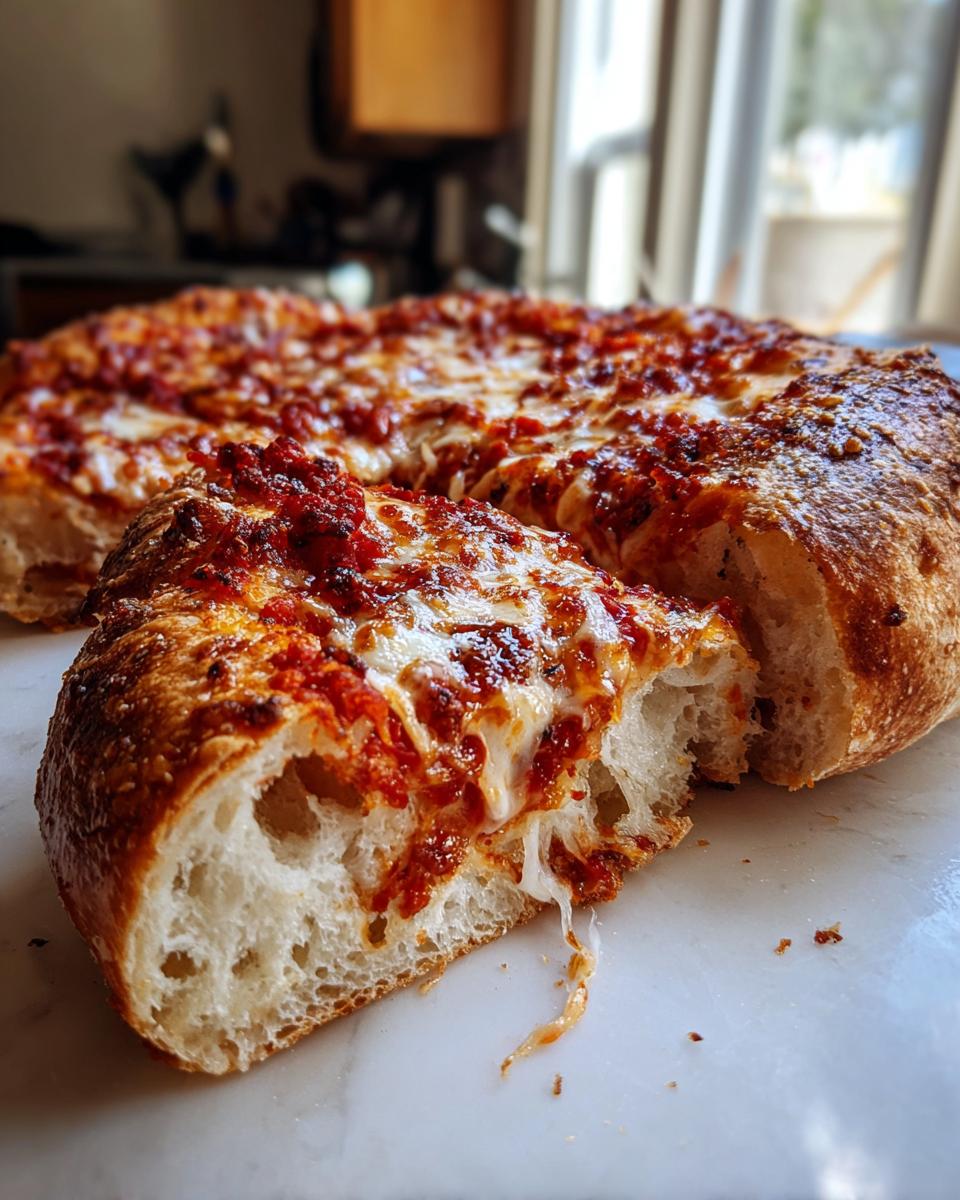 Close-up of a thick slice of homemade pizza showing the airy interior of the crust and melted cheese.