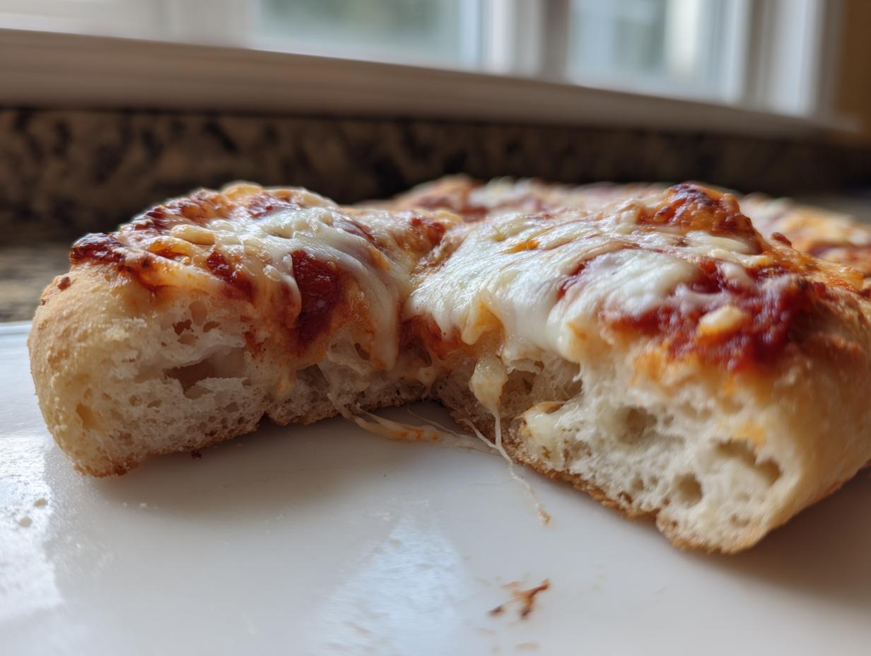 Close-up of a slice of homemade pizza showing the airy, thick crust and melted, stretching mozzarella cheese.