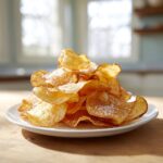 A mound of golden, freshly fried potato chips sprinkled with sea salt on a white plate.