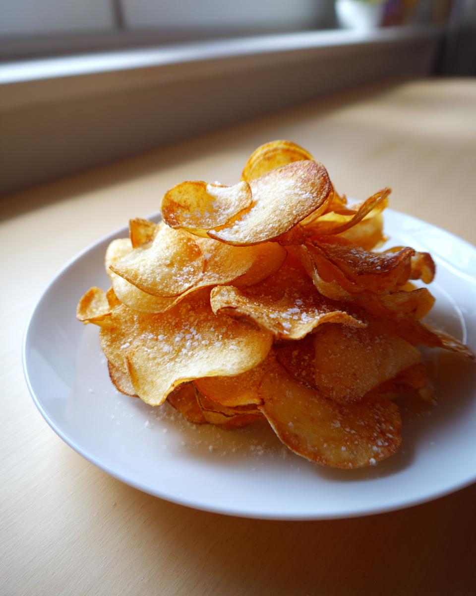 A mound of golden, homemade potato chips lightly dusted with salt or sugar on a white plate.