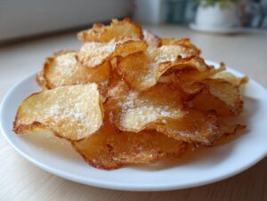 A close-up of a pile of golden, homemade potato chips sprinkled with salt on a white plate.