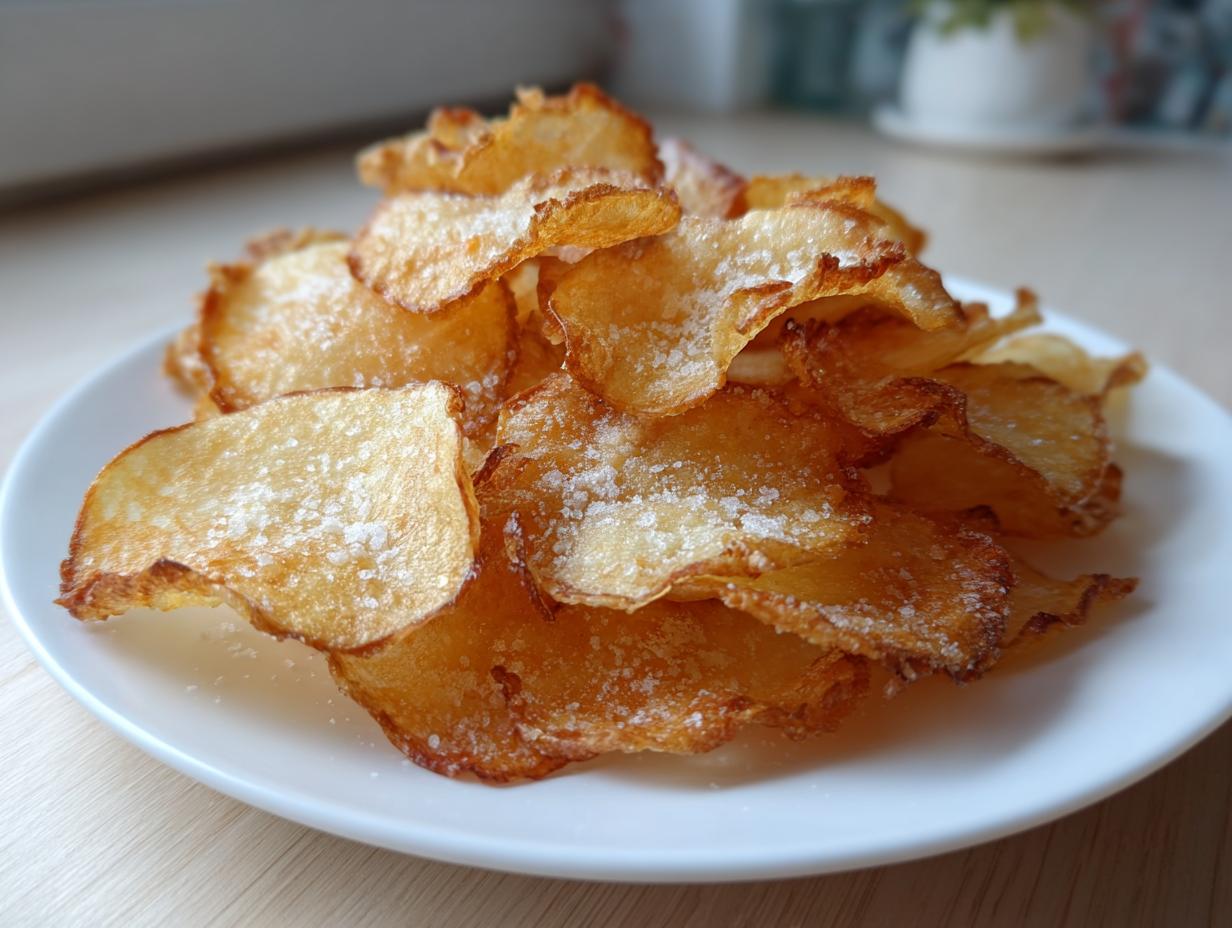 A close-up of a pile of golden, homemade potato chips sprinkled with salt on a white plate.
