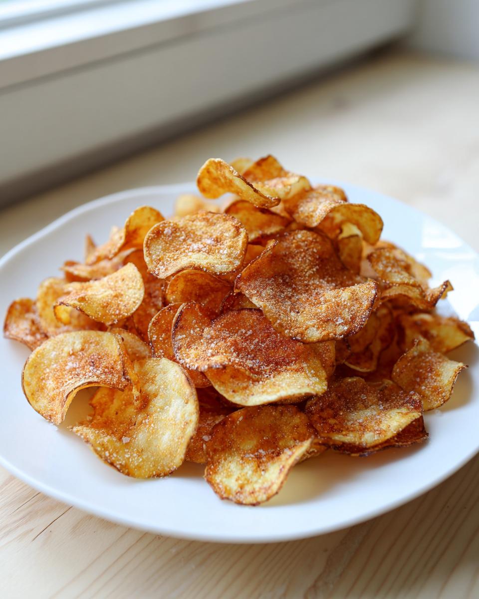 A white plate piled high with golden, crispy homemade potato chips seasoned with salt.