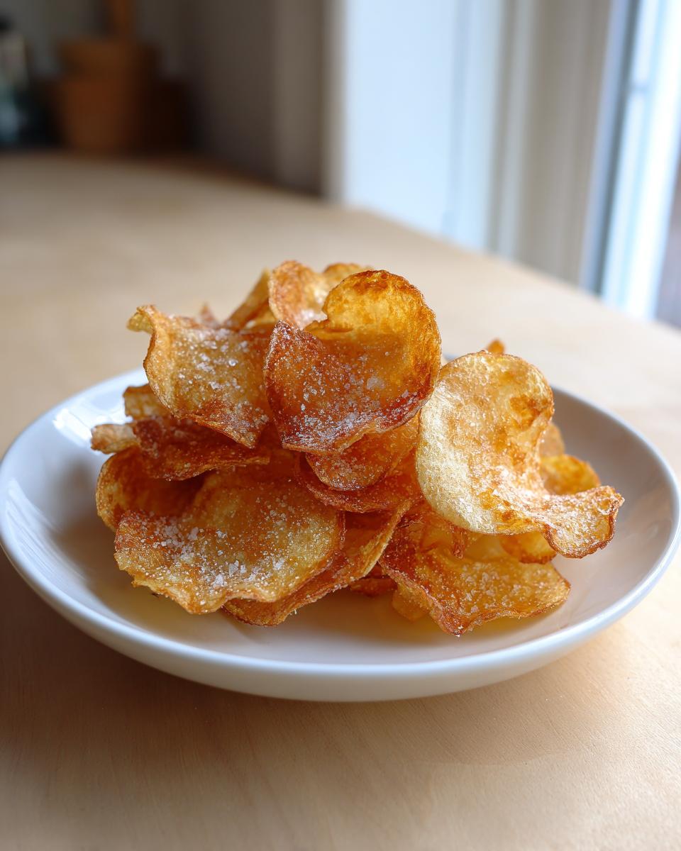 A white bowl piled high with golden brown, homemade potato chips sprinkled with coarse salt.